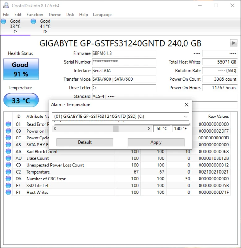 CrystalDiskInfo export dialog for saving SMART logs